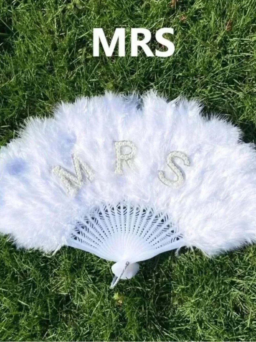 David's Bridal White Feather Fan with MRS Letters